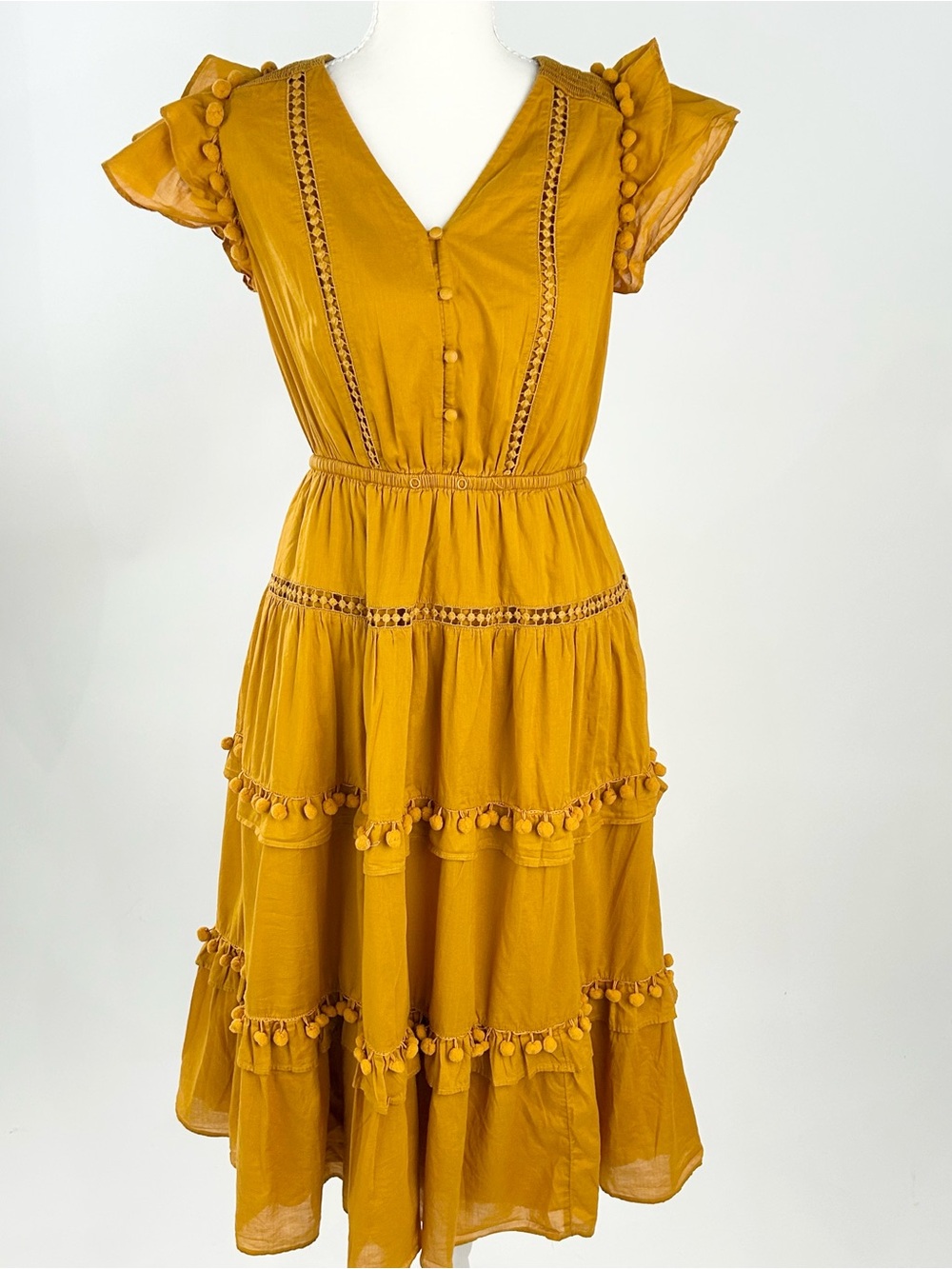 J.Crew Point Sur Pom Pom Cotton Voile Tiered Midi Dress Marigold Sz 2